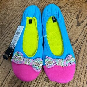 KENSIE Neon 80’s ColorBlock Front Bow Slip On Slippers Memory Foam Size 9/10 NWT